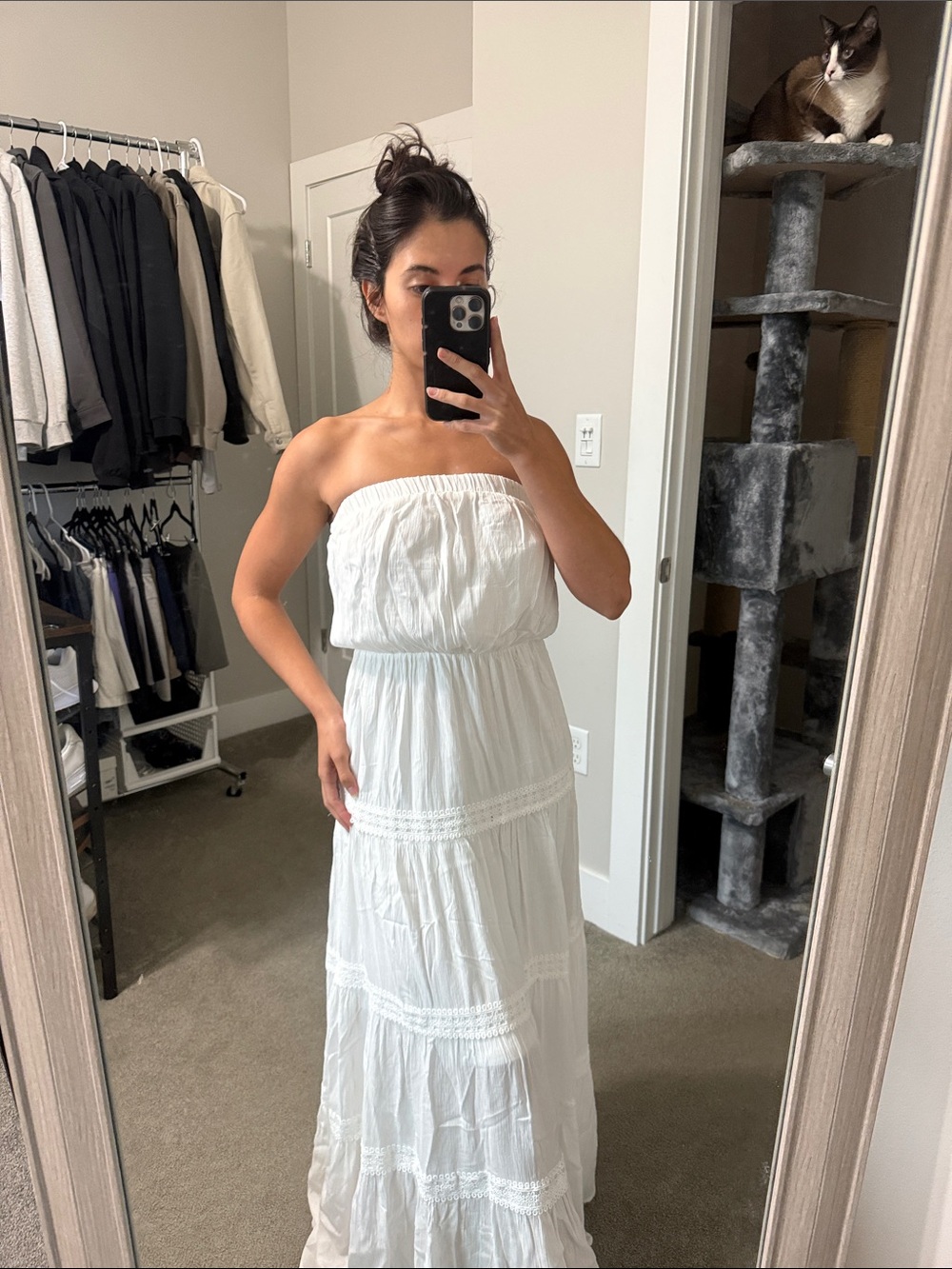 Strapless White Maxi Dress with Tiered Lace Details